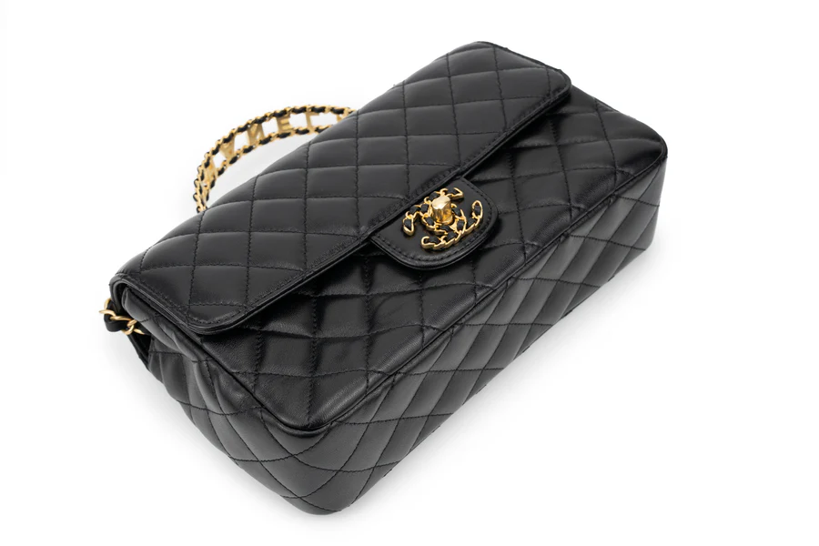 Chanel Flapbag With Handle Labmbskin Black GHW - Image 10